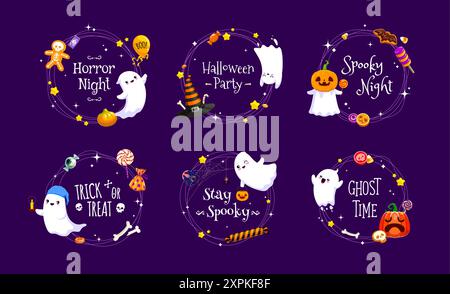 Halloween frames with kawaii ghosts, holiday sweets and candies. Halloween celebration party invitation card vector frames with ghosts kawaii characte Stock Vector