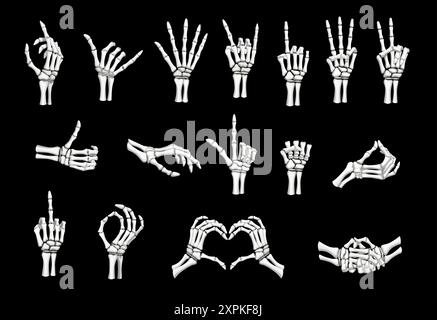 Skeleton hand gestures. Vector Halloween human skull finger bones showing peace, rock, ok, heart and love signs. Index finger pointing up, shaka, thum Stock Vector