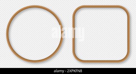 Rope frames, realistic jute cord borders, hemp twisted rope in square and rectangle shapes Stock Vector