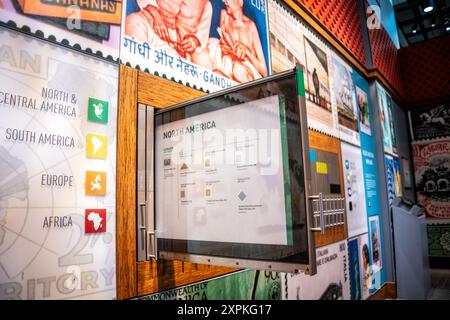 WASHINGTON, DC, United States — Postage Stamps From Around the World on display at the Smithsonian National Postal Museum in Washington, DC. The exhibit features an extensive collection of international stamps presented on pullout vertical trays, allowing visitors to closely examine the diverse designs and historical significance of stamps from various countries. Stock Photo