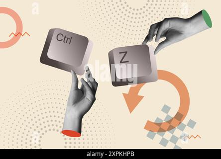 Undo typing keyboard shortcut. Human hands with ctrl and z keys in retro collage 80s mixed media vector illustration. Concept of going back to find a Stock Vector