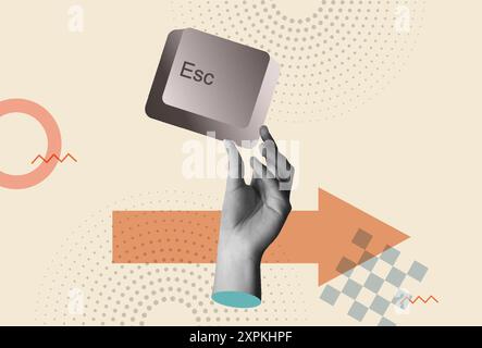 Human hand holds the escape key in retro 80s collage mixed media vector illustration. Concept of leaving, escaping or fleeing Stock Vector