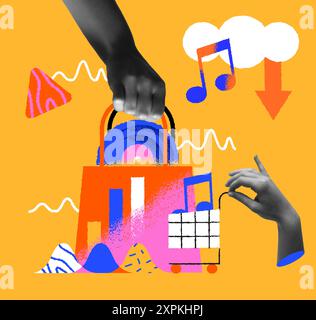 Music store colorful illustration of shopping bag, cart and vinyl cd on yellow background. Web business or online musical market concept in trendy han Stock Vector