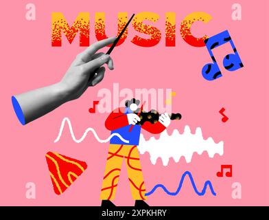 Music concert with man musician character playing violin with creative musical decoration shapes. Human hand gesture in retro collage illustration sty Stock Vector