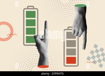 Full and low battery icon in flat style and human hands pointing up and down in retro collage 80s mixed media vector illustration. Symbol of power cha Stock Vector