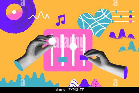 Colorful audio technology, music symbol and musical app icons in retro hand drawn cartoon style. Human hands in retro 80s collage vector illustration. Stock Vector