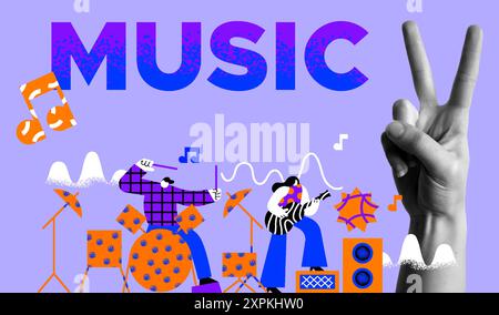 Music concert with people musicians playing guitar and drum instruments. Human hand gesture in retro collage illustration style. Modern design for fes Stock Vector