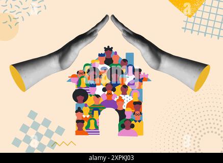 Hands covering a house and diverse people in retro collage illustration. Home protection insurance and family health live concept. Design for home pro Stock Vector