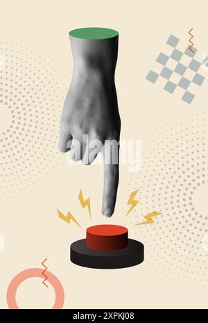 Hand pressing the red start button in 80s retro collage vector illustration. Contemporary art concept for project launching, start strategy, assistanc Stock Vector