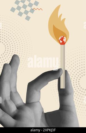 Environmental destruction concept with burning earth match and human hand in retro 80s collage mixed media vector illustration. Idea for global warmin Stock Vector