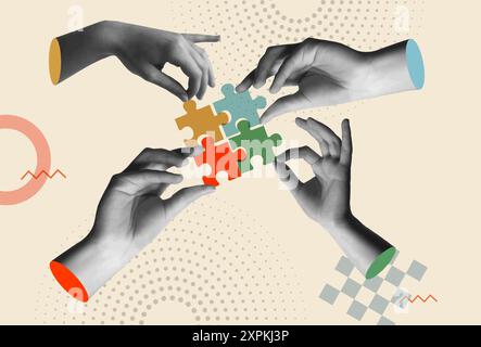 Human hands holding colorful puzzle pieces in 80s retro collage vector illustration. Mixed media artwork for concept of cooperation, teamwork, partner Stock Vector