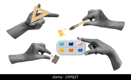 Back to school collage halftone hands set. Trending design postcard, notebook, banners. Vector illustration. Stock Vector
