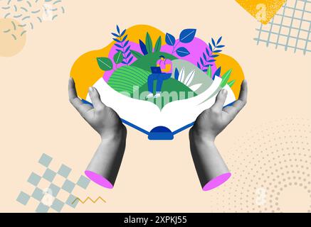 Human hands open a book of young man character writing or doing study research on computer with nature landscape. Novel writer, education concept desi Stock Vector