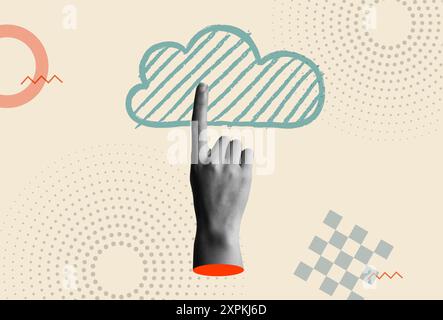 Cloud computing icon with human hand pointing finger up gesture in retro 80s collage mixed media vector illustration. Concept for data transfer, socia Stock Vector