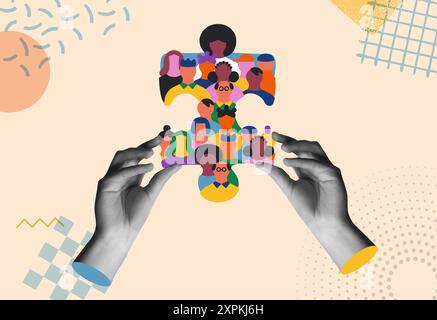 Big group of people faces together making puzzle piece shape and human hands protecting. Colorful diverse friend team concept, business teamwork or so Stock Vector