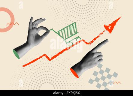 Inflation concept, shopping cart icon and rising price graph with human hands in retro 80s collage mixed media vector illustration. Design for economi Stock Vector