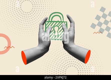 Human hands holding padlock in retro 80s collage mixed media vector illustration. Concept for personal data protection, violating security, safety, en Stock Vector
