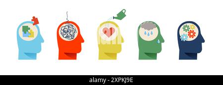 Set of vector illustrations of states of mind and mental health therapy concept. Collection of different character human heads with mental disorder, d Stock Vector