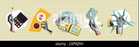 Hobbies, leisure activity or art workshop with human hands in retro 80s collage mixed media vector illustration set. Different arts and crafts tools i Stock Vector