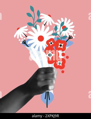 Flower bouquet gift in flat cartoon vector and young hand in collage mixed media  style for greeting card illustration. Cute daisy flowers ideal for m Stock Vector