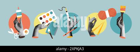 Diversity art hobbies and creative leisure with hands in retro 80s collage mixed media vector illustration set. Different arts and crafts tools in fla Stock Vector
