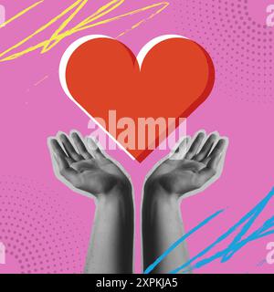 Human hands holding a red heart love in retro halftone collage mixed media vector illustration. Concept for sharing love, charity support, world heart Stock Vector