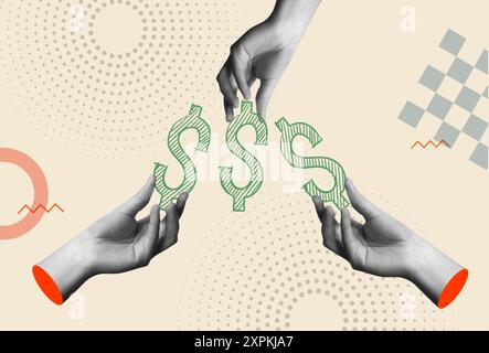 Crowdfunding concept with money icon and human hands in retro 80s collage mixed media vector illustration. Idea for financing business project, fundin Stock Vector