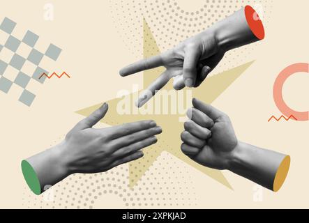 Hands making sign as rock paper and scissors game in retro collage vector illustration. Contemporary art concept for strategy, competition, teamwork a Stock Vector
