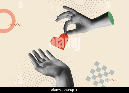 Hand holding red heart in 80s retro collage vector illustration. Contemporary art concept for sharing love, Valentine's day, charity supported and wor Stock Vector