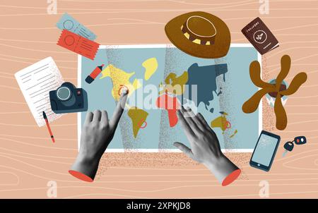 Human hands pointing at world map destinations on wood desk surface in retro collage mixed media vector illustration set. Travel plan concept or vacat Stock Vector