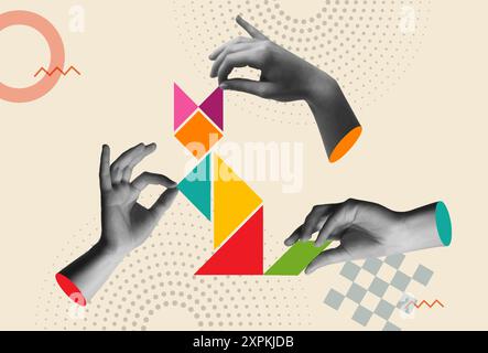 Human hands play tangram puzzle in retro halftone collage mixed media vector illustration. Concept for teamwork, partnership, fun, brain game, creativ Stock Vector
