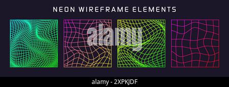 Colorful wireframe shapes, lined perspective mesh, 3d grid. Low poly geometric elements. Retro futuristic design elements, y2k, vaporwave and Stock Vector