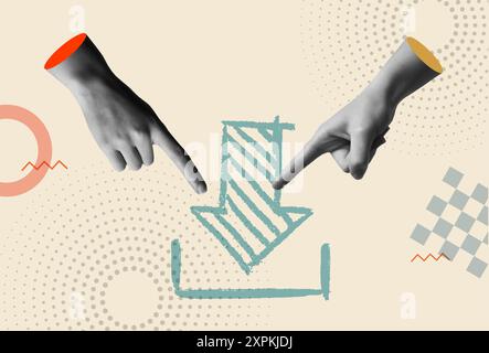 Download arrow icon concept with human hand pointing finger down gesture in retro 80s collage mixed media vector illustration. Concept for internet da Stock Vector