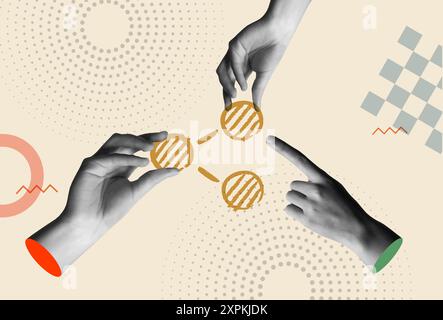 Social media share icon and human hands in retro 80s collage mixed media vector illustration. Concept of mobile app, connect people and collaborative Stock Vector