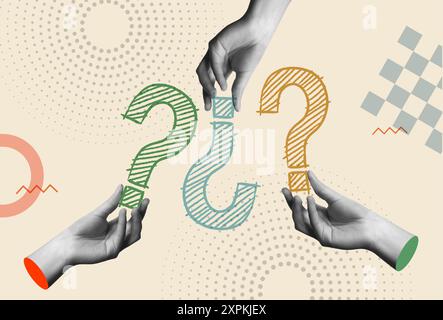 Human hands holding question marks in retro 80s collage mixed media vector illustration. Concept for help support, faq symbol, QA answer solution info Stock Vector