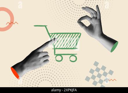 Shopping cart icon and human hands in retro 80s collage mixed media vector illustration. Concept of online shopping app, digital marketing ideas and s Stock Vector