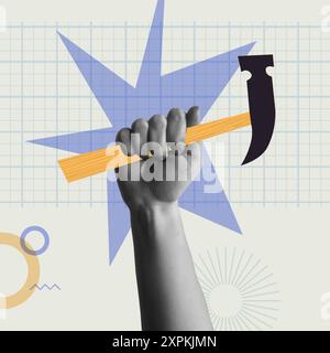Human hand holding a hammer in retro collage mixed media vector illustration. Concept for carpenter, work tool, remodeling, cosntruction industry and Stock Vector