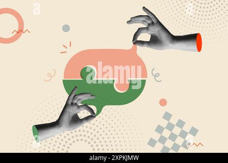 Speech balloon conversation in puzzle shape vector illustration card. Human hands exchange information in retro 80s collage vector illustration. Conce Stock Vector