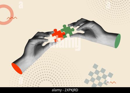 Human hands holding puzzle pieces in 80s retro collage vector illustration. Mixed media artwork for concept of cooperation, teamwork, partnership and Stock Vector