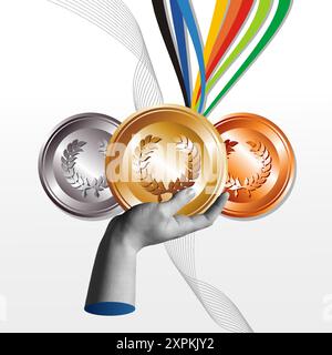 Human hand holding gold medal in retro halftone collage mixed media vector illustration. Concept for Paris 2024, Olympic games and international sport Stock Vector