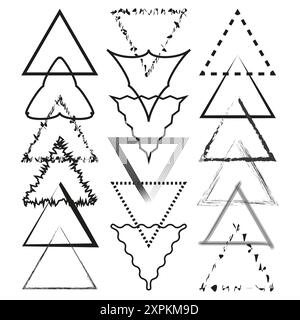 Abstract triangle designs. Varied line styles. Black and white. Geometric art. Vector illustration. Stock Vector