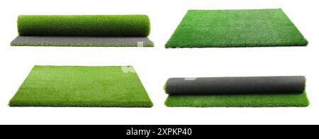 Green artificial turf isolated on white, set Stock Photo