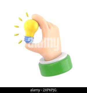 Cartoon Gesture Icon Mockup.3d icon hand holding light bulb gesture. cartoon great idea concept,3D rendering on white background. Stock Photo