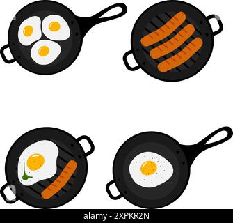 Grill and frying pans with Fried eggs, salt, pepper and greens leaf, sausages Top view. Set of 4. Hand drawn Vector Culinary food poster or banner, card menu, brochure, price tag, web design elements Stock Vector
