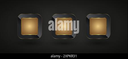 Set of three Luxury and Premium buttons, banner vector illustration design, golden Abstract background with golden rectangle Stock Vector