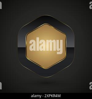 A Luxury button of hexagon shape with golden frame vector illustration. Premium realistic isolated website element, golden glossy label for game UI, m Stock Vector