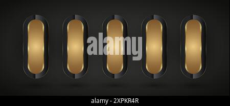 Set of FIVE Premium buttons design, Luxury web glossy User interface, black Gold banners and Buttons, vector illustration design on dark background te Stock Vector