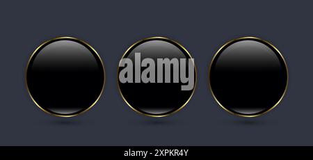 Three Buttons of Premium round black glossy Circle button, with Luxury gold ring frame vector illustration Stock Vector