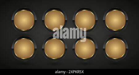 Group of 8 Dark and glod steel elements, Luxury realistic shiny metal buttons. and Eight golden circle buttons on isolated black background Stock Vector