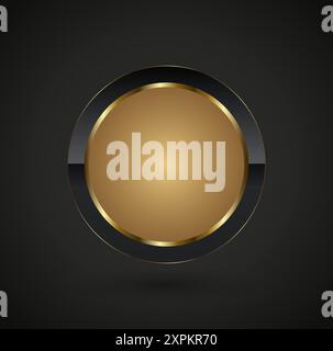 Premium circle button in round gold frame vector illustration. Luxury realistic shiny metal golden circle ring on isolated on black background Stock Vector